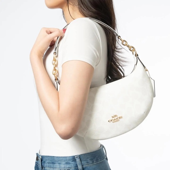 Coach Handbags - Coach Payton Hobo White Signature Crescent Shoulder Bag with Gold Hardware